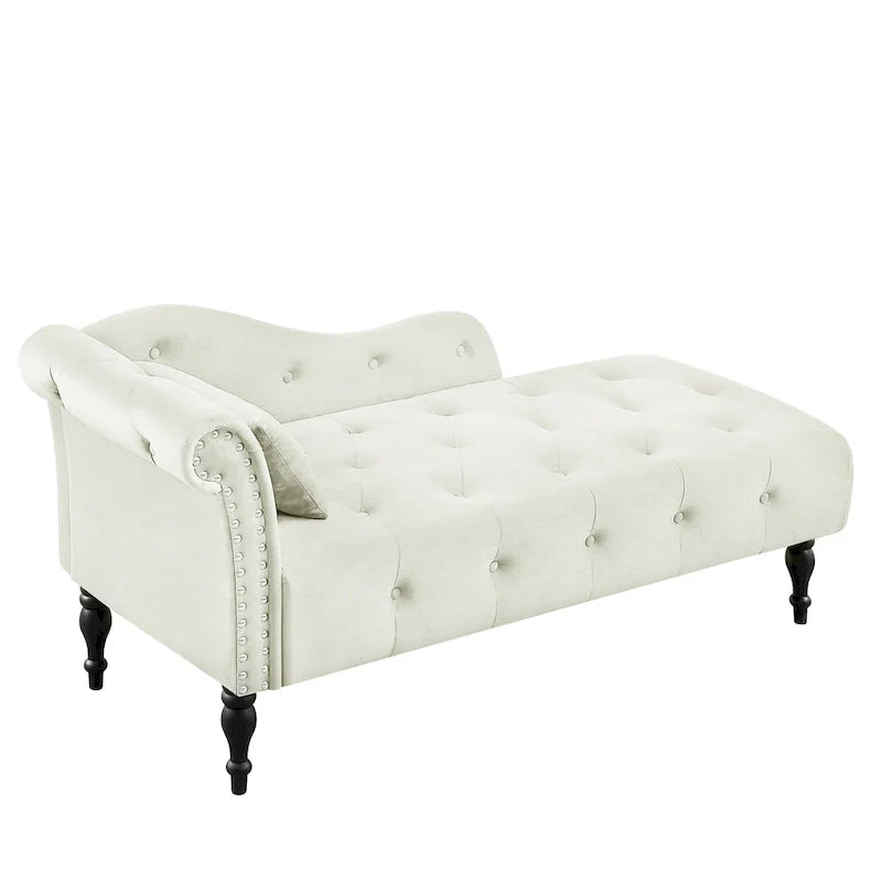 Moderne chaise longue van 60,6, bekleed met fluweel en voorzien van gecapitonneerde knopen, met poten van massief hout en sierspijkers