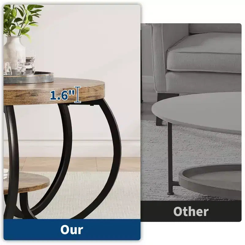 Ronde industriële salontafel van 30 inch, 2 niveaus, met verstelbare voetjes, plank met houtnerf, vlamontwerp, eenvoudig te monteren, voor de woonkamer