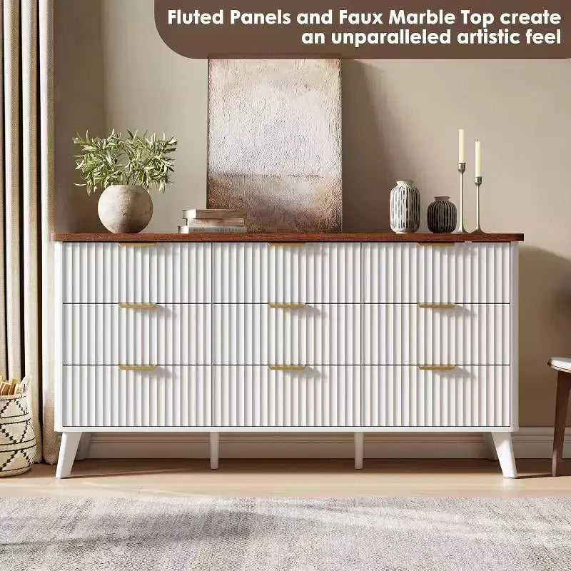 Commode met 9 gecanneleerde laden, moderne ladekast, houten commode-tv-meubel, gebogen ontwerp, voor de woonkamer of hal