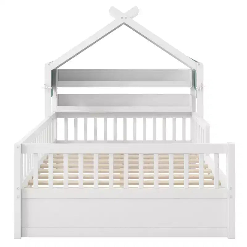 Lit cabane en bois ModernLuxe pour lit simple ou double avec tête de lit de rangement, cadre de lit pour enfant en pin massif avec barrières de sécurité