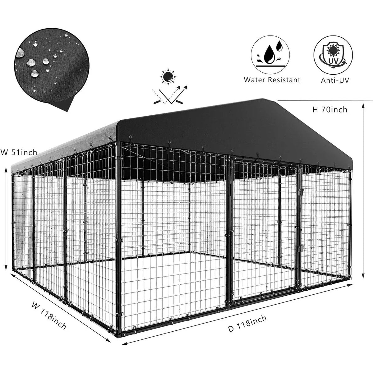 Grand chenil extérieur pour chien W 118 x D 118 x H 70, cage robuste pour chien avec toit imperméable