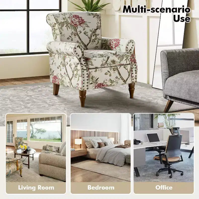 Fauteuil traditionnel Araceli en bois, revêtu de tissu à motif floral, avec dossier à oreilles et garniture de clous décoratifs| ART OF LIVING DESIGNS