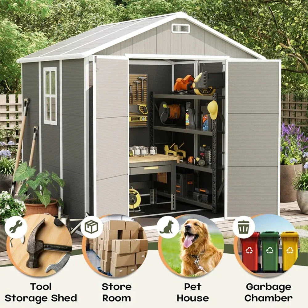 Abri de rangement extérieur en résine et plastique, tous temps, avec plancher, 6 ft x 4 ft/6 ft x 8 ft/8 ft x 6 ft/8 ft x 10 ft, abri à outils Spire