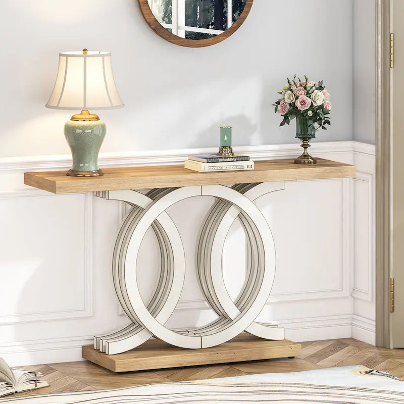Vintage consoletafel met geometrisch onderstel, houten haltafel