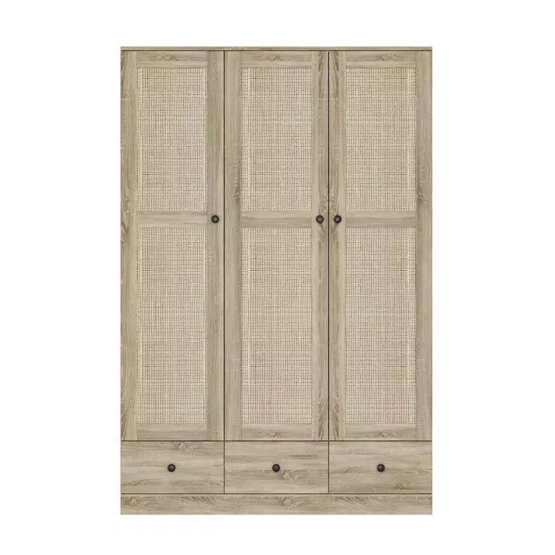 Famapy Rattan-Kleiderschrank mit 3 Schubladen und 3 atmungsaktiven Rattantüren, hoher Schrank im Landhausstil für das Schlafzimmer