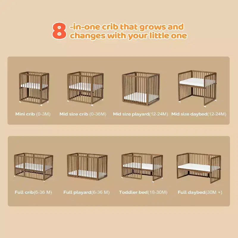 JOYMOR 8-in-1-converteerbaar babybed, inclusief 2 matrassen, om te bouwen tot wieg, halfhoog bed, babybed voor een groot bed, ligbed, peuterbed en box