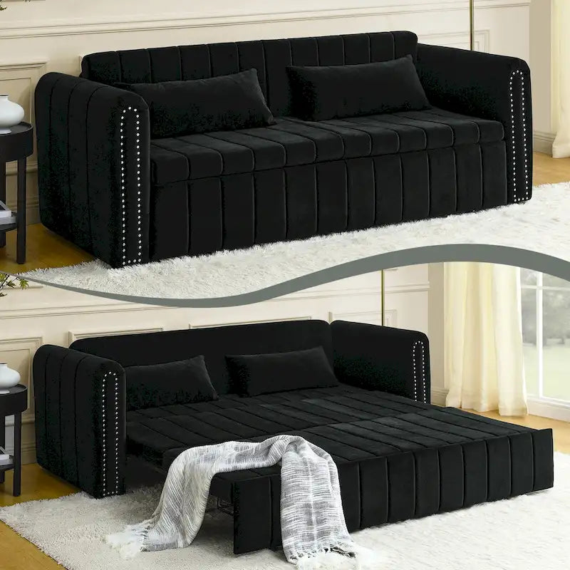Moderner, wandelbarer Schlafsofa-Loungesessel aus Samt mit gerollten Armlehnen, verziert mit Kupfernägeln