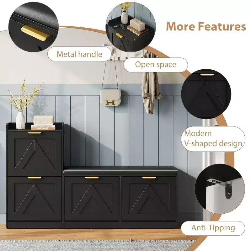 Meuble à chaussures style farmhouse avec banc, 4 tiroirs basculants pour l’entrée, organisateur de rangement avec assise rembourrée confortable, banc porte-chaussures autoportant