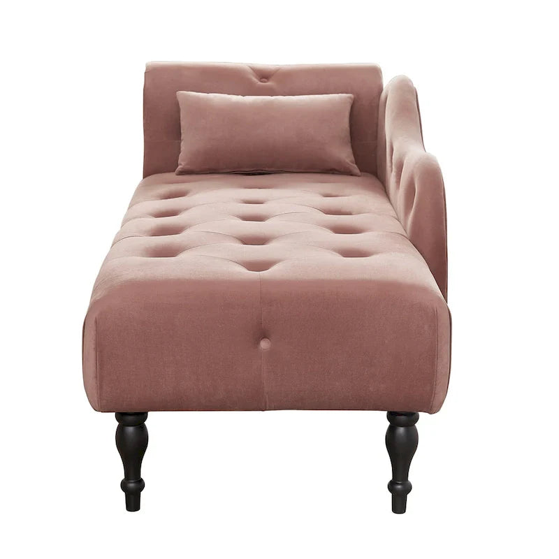 Moderne chaise longue van 60,6, bekleed met fluweel en voorzien van gecapitonneerde knopen, met poten van massief hout en sierspijkers