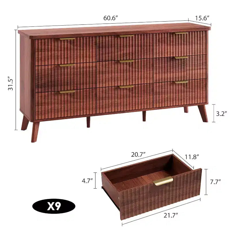 Commode met 9 gecanneleerde laden, moderne ladekast, houten commode-tv-meubel, gebogen ontwerp, voor de woonkamer of hal