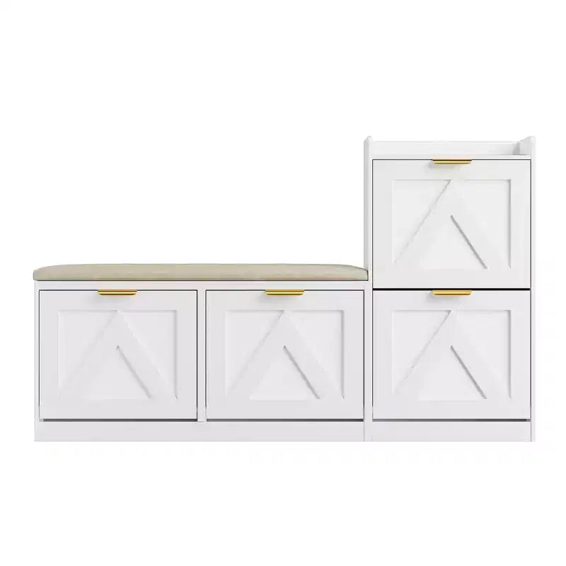 Meuble à chaussures style farmhouse avec banc, 4 tiroirs basculants pour l’entrée, organisateur de rangement avec assise rembourrée confortable, banc porte-chaussures autoportant