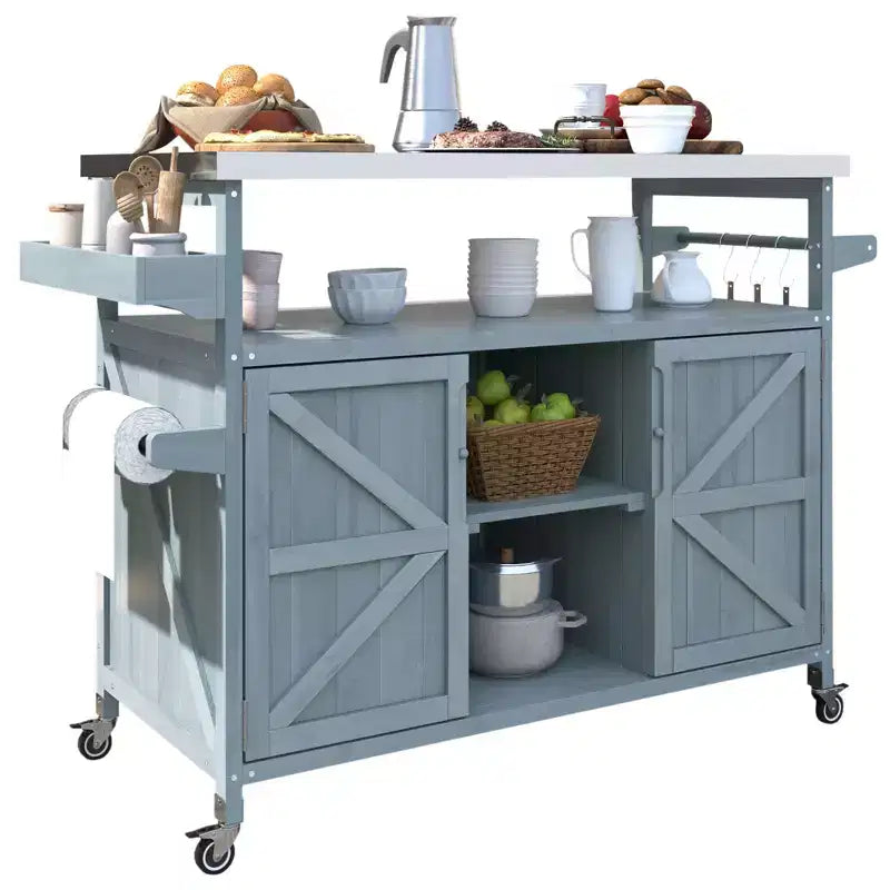 Îlot de cuisine d’extérieur Okak avec plateau en acier inoxydable, desserte de cuisine en bois avec portes, étagères et porte-épices, îlot de cuisine à roulettes