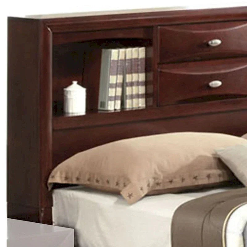 Bett im Paneeldesign, Queen-Size, mit Bücherregal und Schubladen, Braun