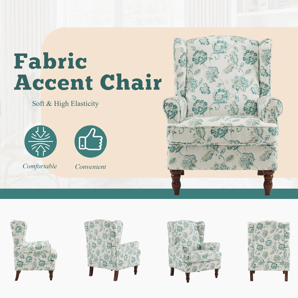 Fauteuil d’appoint moderne Erommy à dossier haut, fauteuil une place en tissu rembourré avec boutons et pieds en bois, pour salon