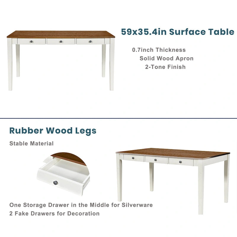Eetkamerset van hout, 6-delig, met 4 stoelen en een bankje, tafel met lade