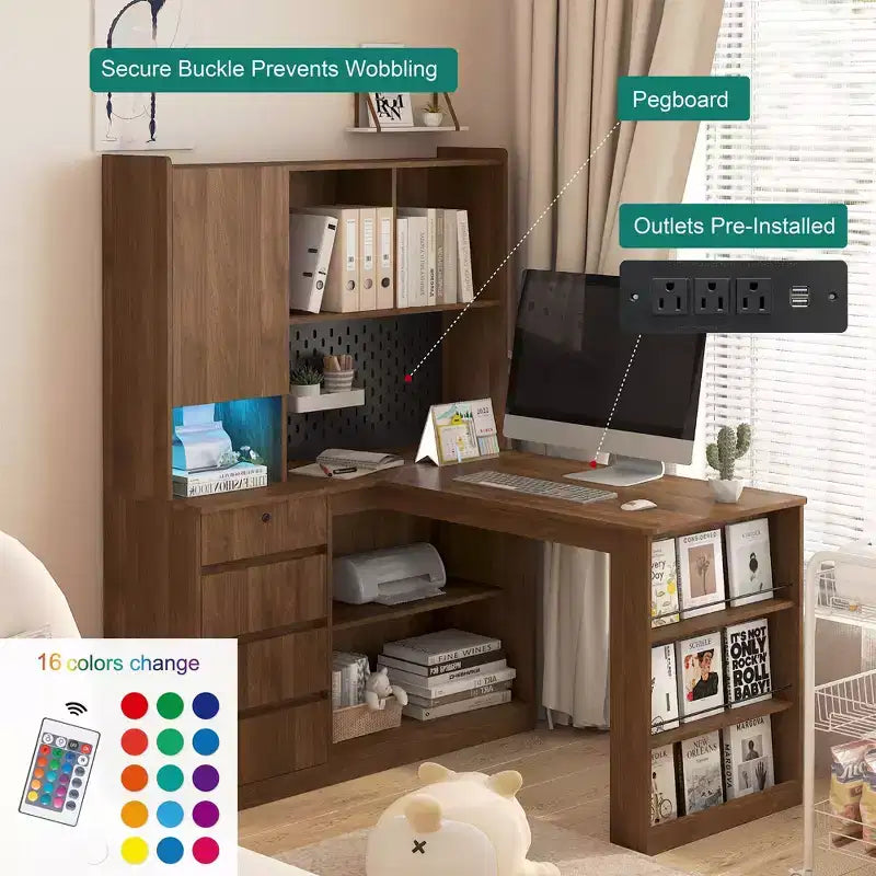 Bureau d’angle en L de 46 pouces avec bibliothèque et tiroirs
