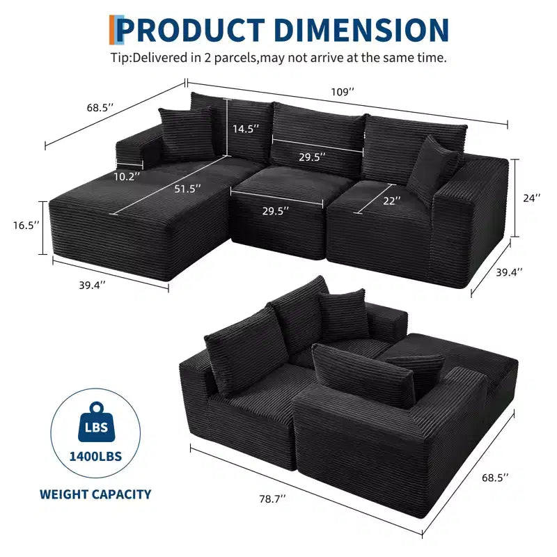 108 Modernes Sofa, 3-Sitzer-Polstersofa in L-Form mit Kissen, Sofa mit tiefer Sitzfläche, keine Montage erforderlich