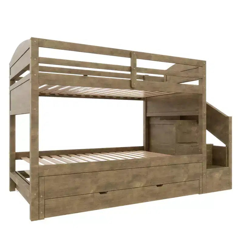 Whisen XL-Etagenbettgestell mit Ausziehbett, Etagenbett mit Stauraum, Etagenbett aus Massivholz, Stauraumtreppe, Kleiderschrank, 3 Schubladen, für Kinder