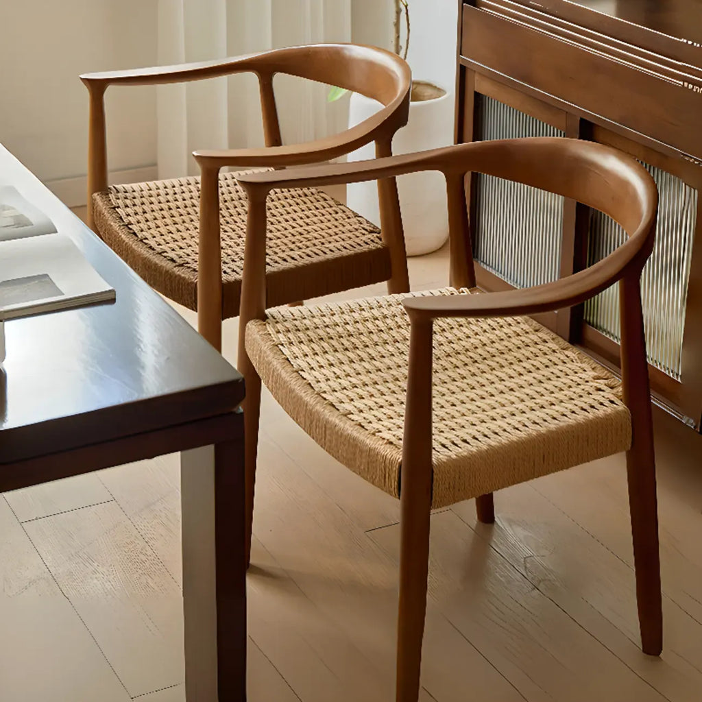 Chaise de salle à manger scandinave en bois courbé, avec assise tressée et accoudoirs