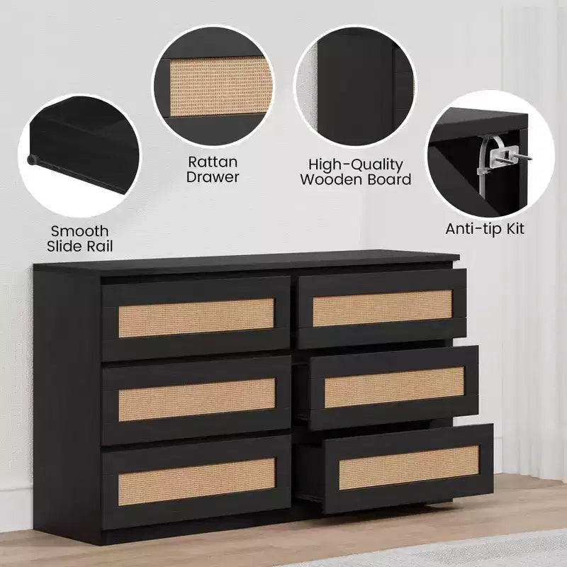 Rotan ladekast voor de slaapkamer met 6 laden, brede moderne ladekast van 47 inch in landelijke stijl, houten opbergkast en organizer voor kledingkast, woonkamer en hal