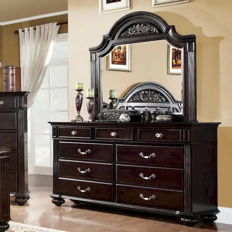 Traditionele Vame-set van 2 meubels: ladekast met 9 laden en spiegel, van Furniture of America