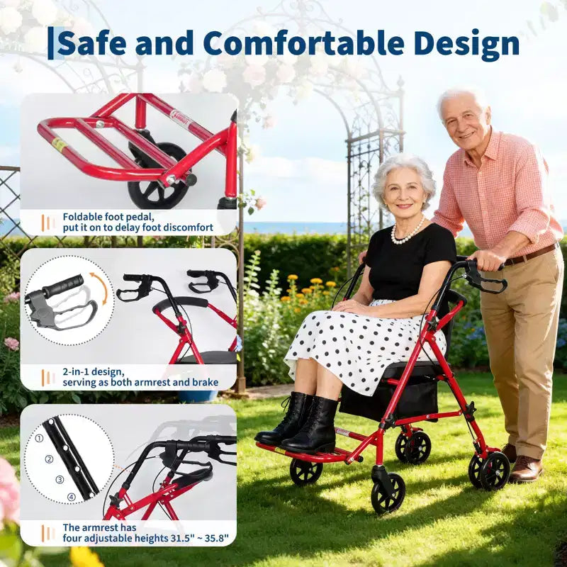 Fauteuil roulant pliable et portable pour adultes, capacité de 299lb, 6 roues, hauteur réglable, rangement sous l’assise, siège confortable et repose-pieds