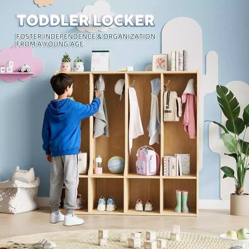 Bruin/witte locker met 4 vakken en 8 haken, voor kinderen