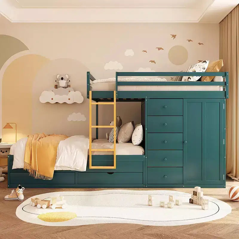 Stapelbed met twee tweepersoonsbedden, opbergkast en laden, houten stapelbed in tweepersoonsformaat met ruimtebesparend ontwerp en veiligheidsreling voor appartement en slaapkamer