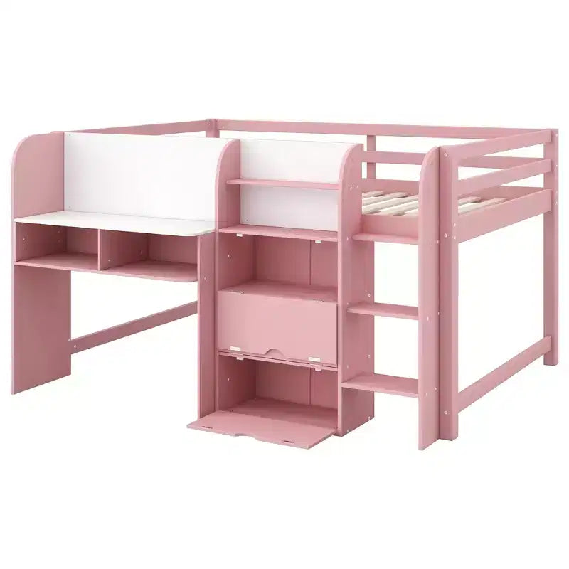 Roze/witte lage hoogslaper met bureau, opbergruimte en whiteboard ?C eenpersoonsbed, 1 persoon