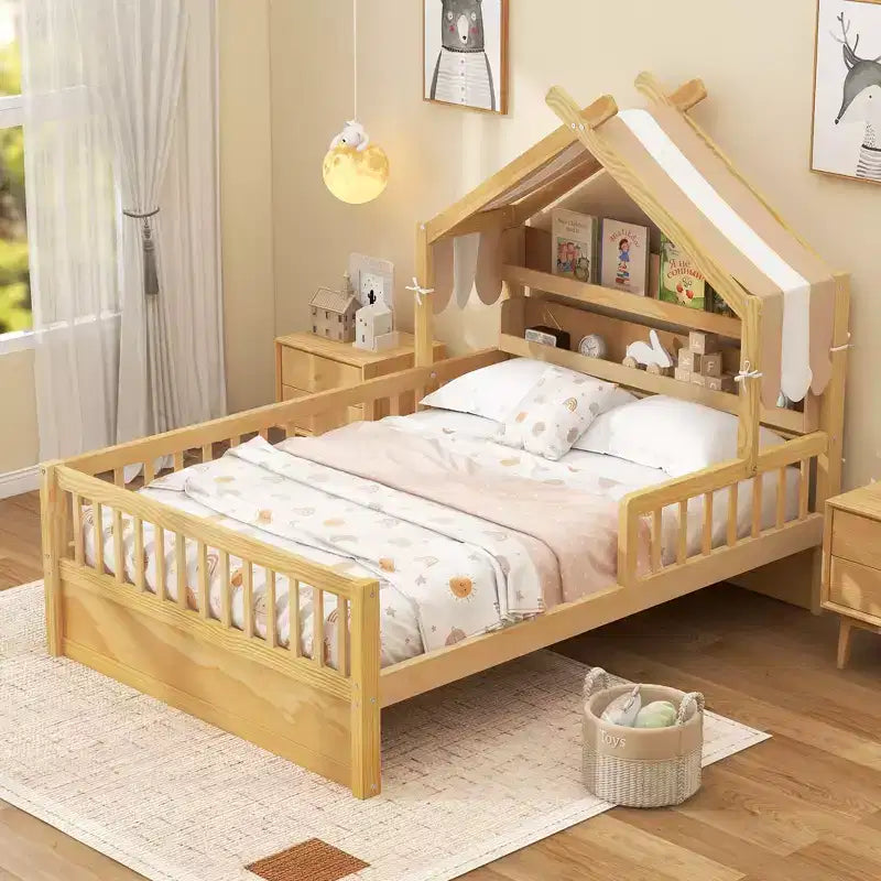 Lit cabane en bois ModernLuxe pour lit simple ou double avec tête de lit de rangement, cadre de lit pour enfant en pin massif avec barrières de sécurité