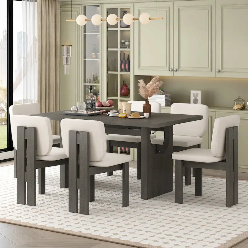 7-teiliges Esszimmer-Set, Küchenmöbel-Set aus Massivholz mit rechteckigem Tisch, gestaltetem Säulenfuß und 6 gepolsterten Stühlen