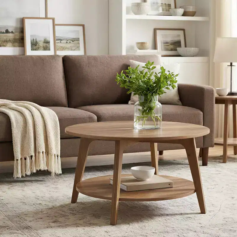 Table basse ronde brun miel avec 2 niveaux de rangement, mesurant 31.5 x 17.7 pouces, idéale pour le salon