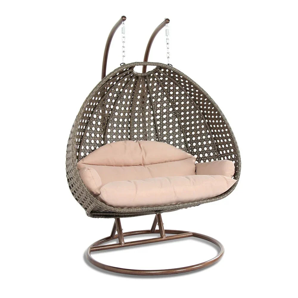 Fauteuil œuf suspendu 2 places LeisureMod avec support - fauteuil hamac balançoire de patio en osier de rotin pour l’extérieur et l’intérieur, avec coussins
