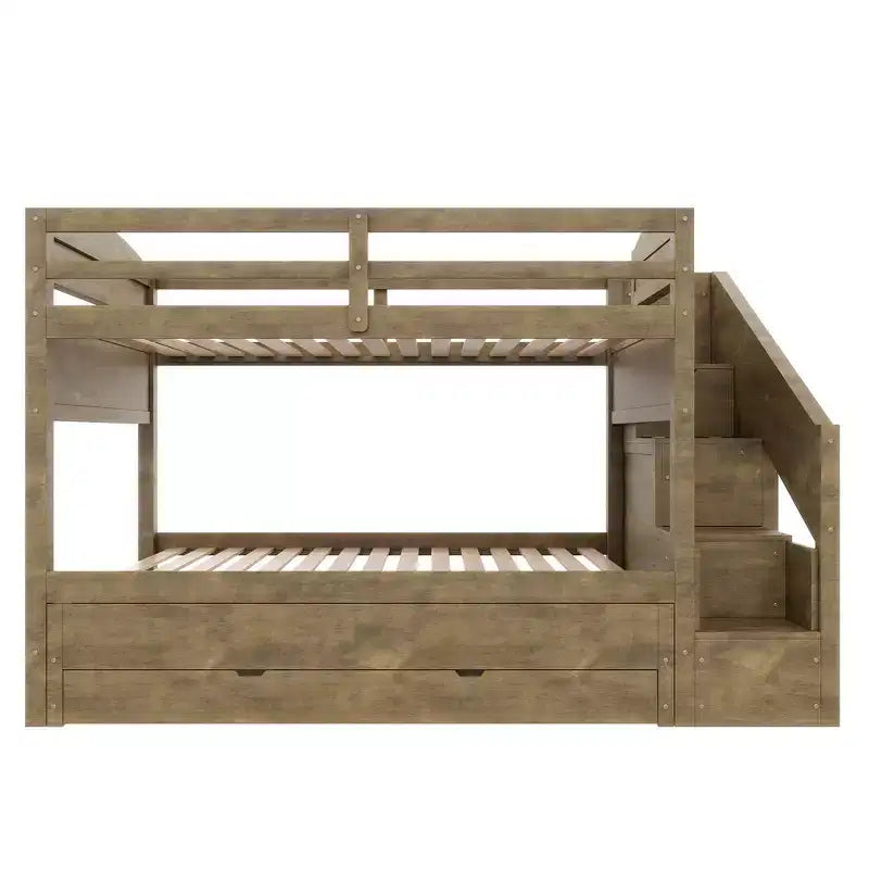 Whisen XL-Etagenbettgestell mit Ausziehbett, Etagenbett mit Stauraum, Etagenbett aus Massivholz, Stauraumtreppe, Kleiderschrank, 3 Schubladen, für Kinder