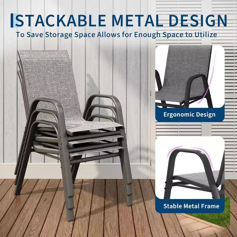 Terrasstoelen, stapelbare buiteneetkamerstoelen set van 4/6, lichtgewicht Textilene-stoelensets voor buiten voor alle weersomstandigheden, met armleuningen voor de achtertuin en het zwembadterras