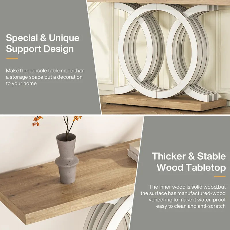 Vintage consoletafel met geometrisch onderstel, houten haltafel