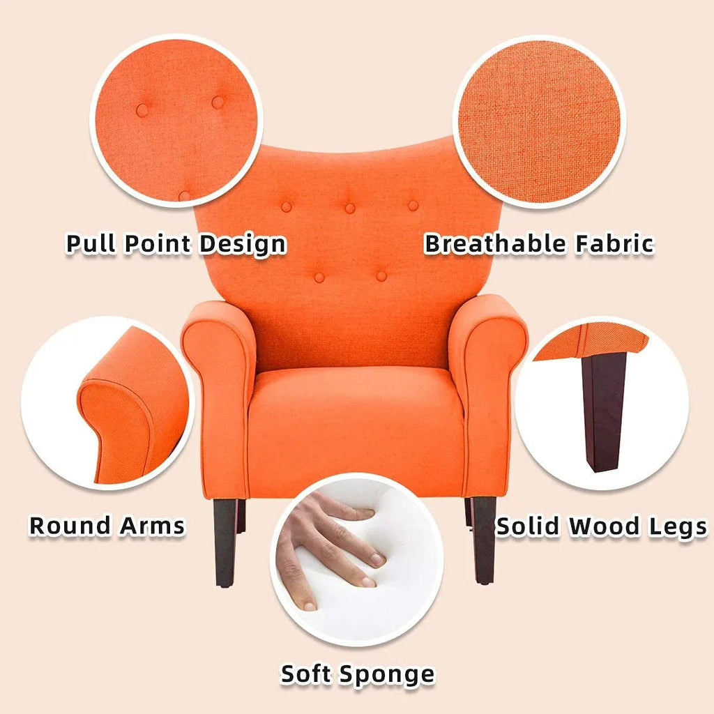 Fauteuil d’appoint moderne Erommy à dossier haut, fauteuil une place en tissu rembourré avec boutons et pieds en bois, pour salon