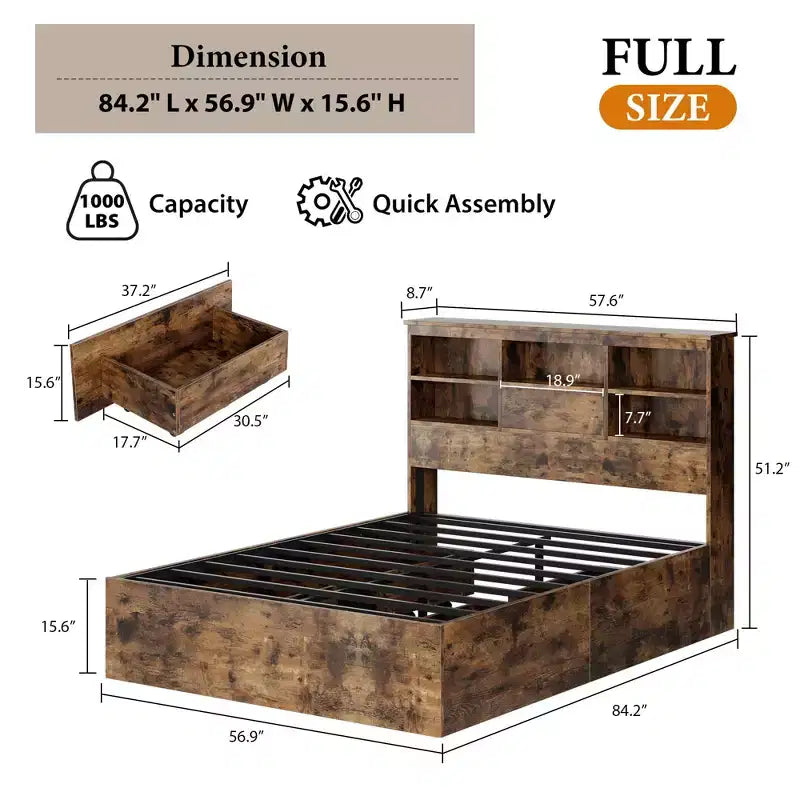 Cadre de lit double avec tête de lit de rangement, cadre de lit en bois avec 4 tiroirs, bibliothèque de rangement et lit plateforme king size avec support métallique robuste
