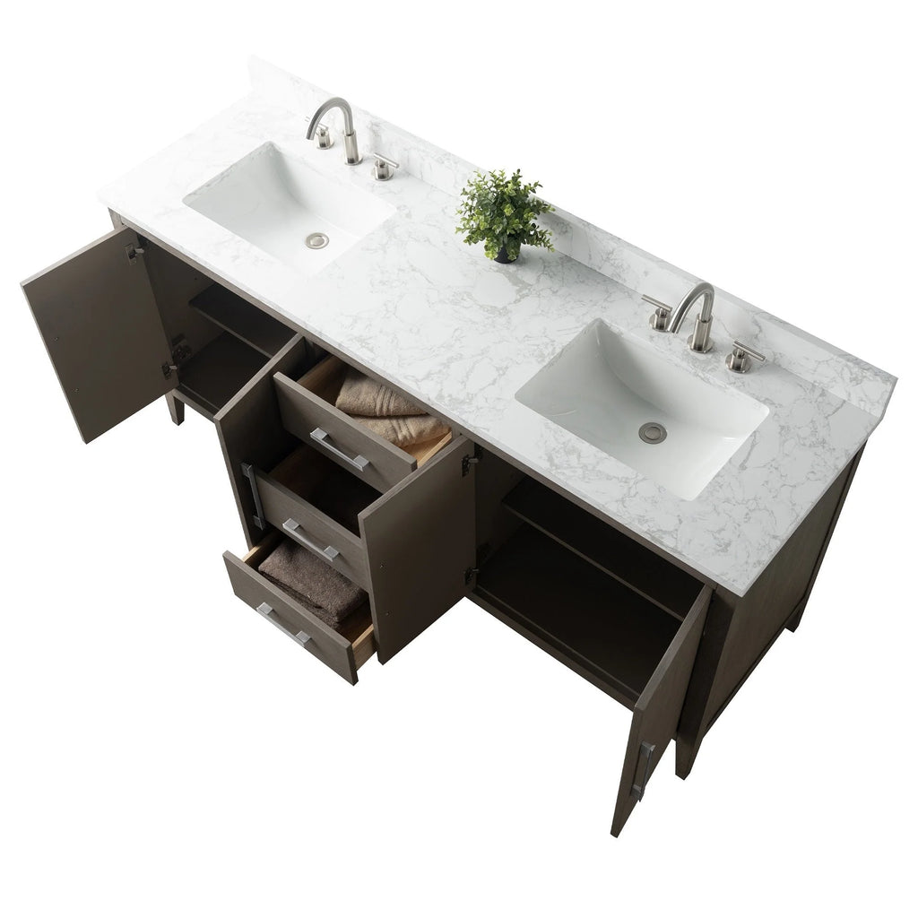 Vanity Art 72 Double Sink Bathroom Vanity Cabinet with Engineered Marble Top