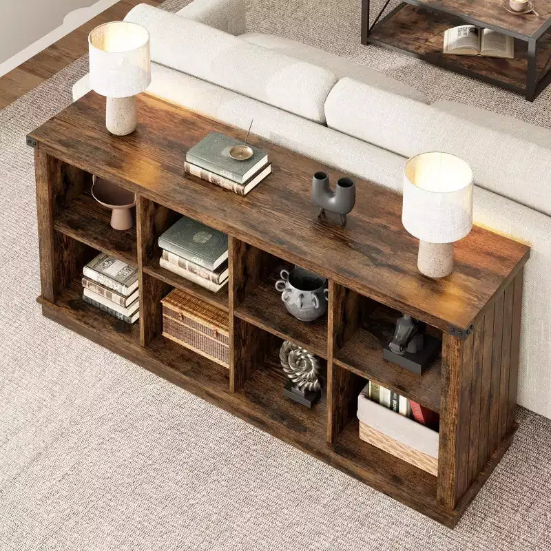 Bibliothèque de rangement à 8 casiers, style champêtre, modèle horizontal, bibliothèque en bois de 62 pouces pour entrée, longues bibliothèques basses pour salon
