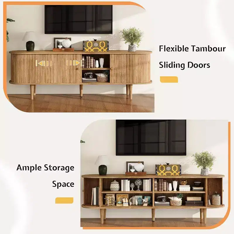 AMERLIFE 70-Zoll-TV-Ständer mit Massivholzbeinen, moderne TV-Konsole im Mid-Century-Stil mit Lamellentür