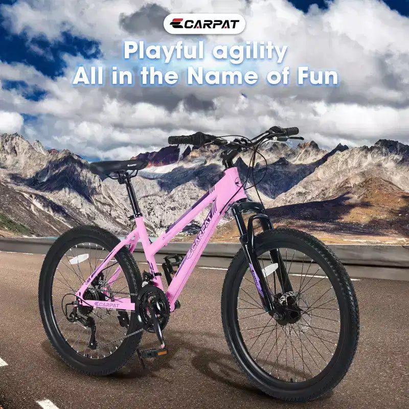 Okak mountainbike van 24/26IN met 21 versnellingen en dubbele schijfremmen, kinderfiets met 100mm voorvering, crossfiets voor tieners en vrouwen