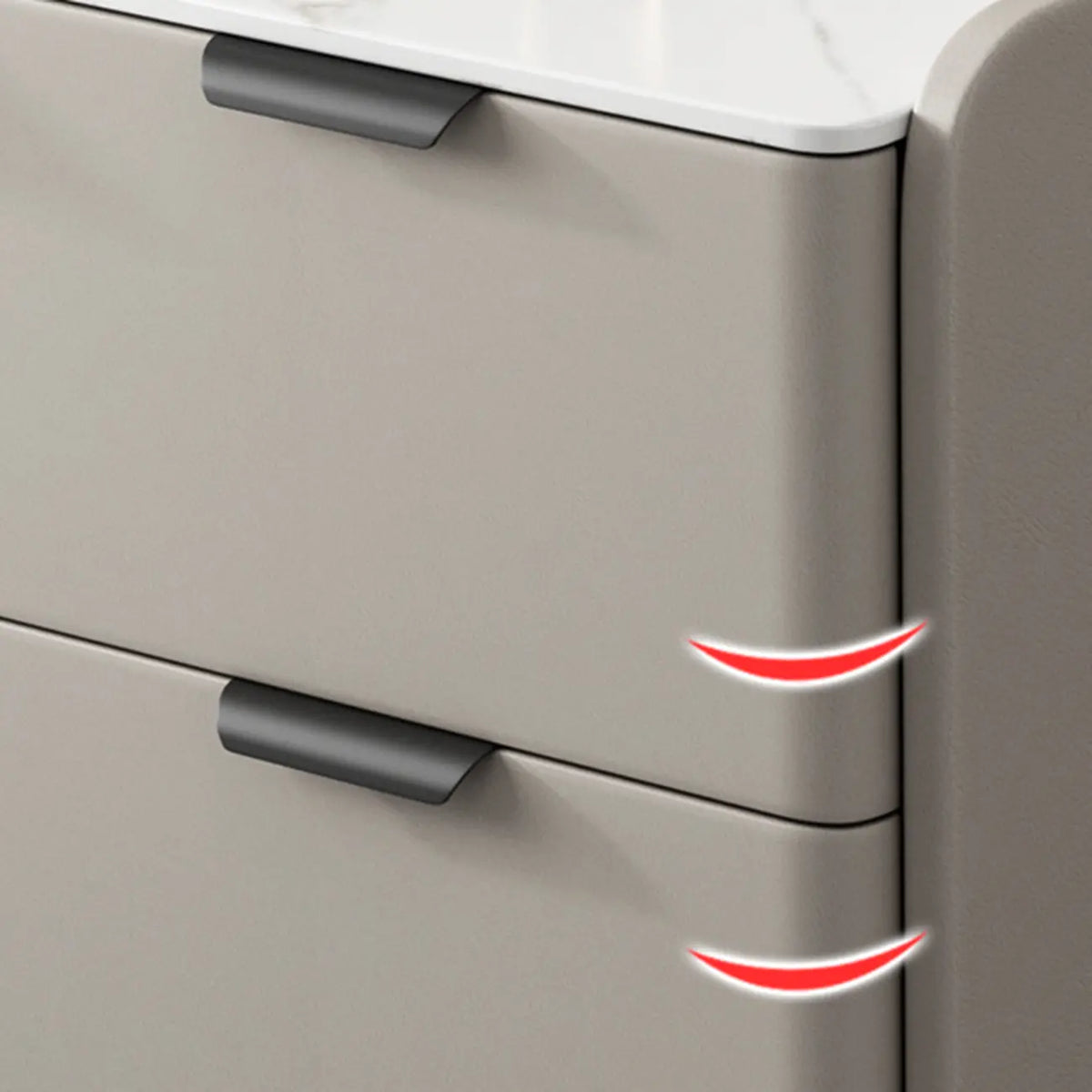 Hoge houten L-vormige bijzettafel voor de bank met stenen blad en 4 laden