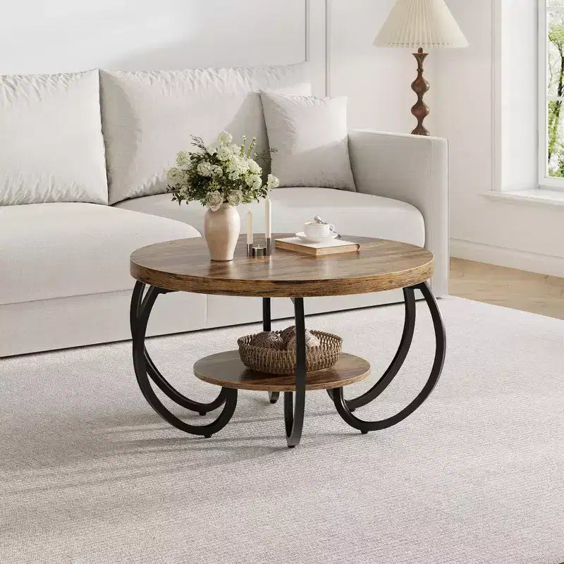 Ronde industriële salontafel van 30 inch, 2 niveaus, met verstelbare voetjes, plank met houtnerf, vlamontwerp, eenvoudig te monteren, voor de woonkamer
