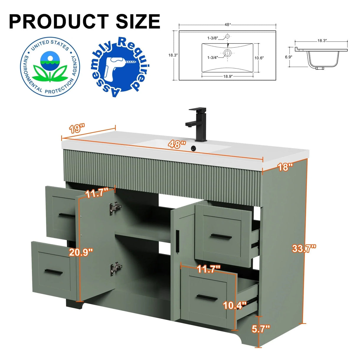 Ensemble meuble-lavabo de salle de bain Wavy Line 30/36/48 avec lavabo et robinet