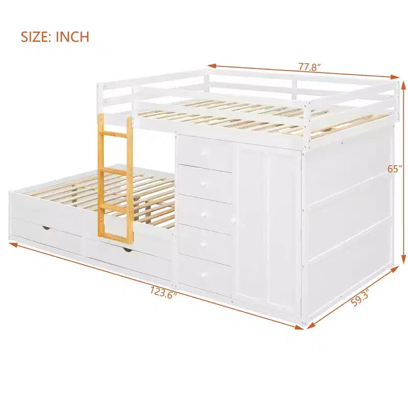 Stapelbed met twee tweepersoonsbedden, opbergkast en laden, houten stapelbed in tweepersoonsformaat met ruimtebesparend ontwerp en veiligheidsreling voor appartement en slaapkamer