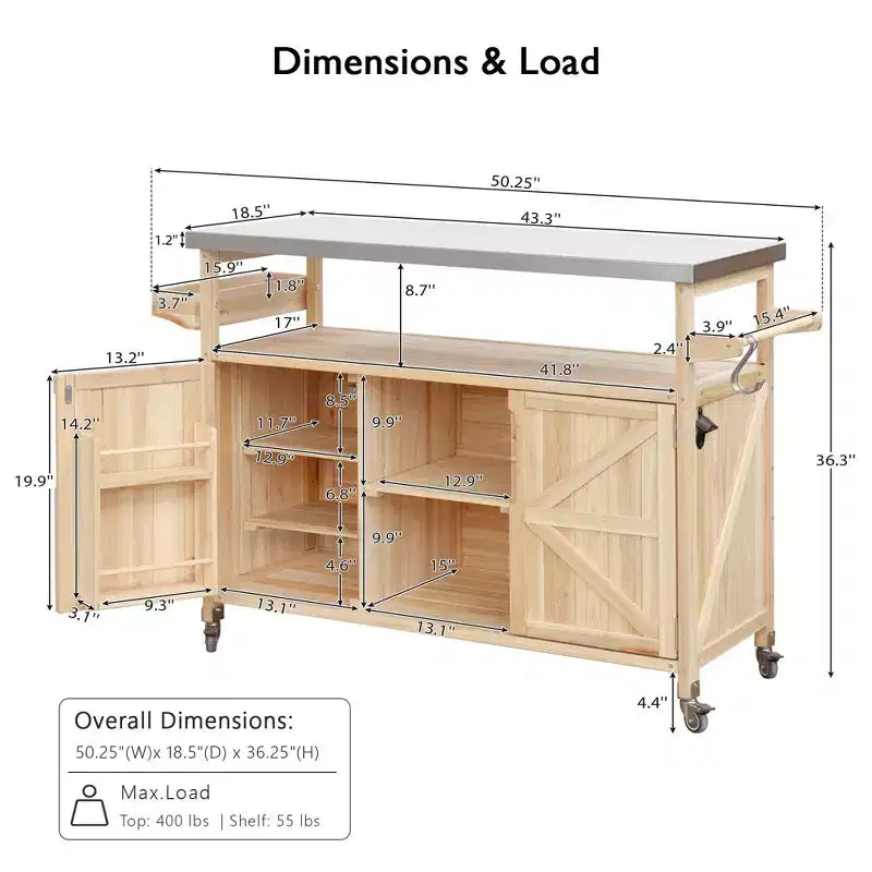 Îlot de cuisine d’extérieur Okak avec plateau en acier inoxydable, desserte de cuisine en bois avec portes, étagères et porte-épices, îlot de cuisine à roulettes