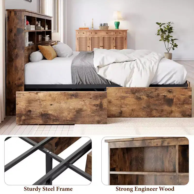Cadre de lit double avec tête de lit de rangement, cadre de lit en bois avec 4 tiroirs, bibliothèque de rangement et lit plateforme king size avec support métallique robuste