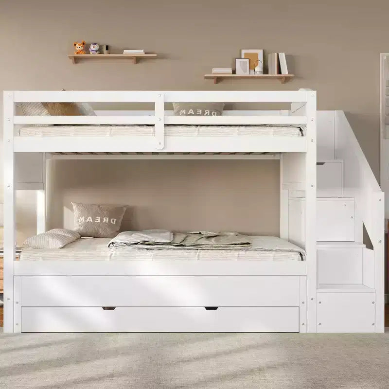 Whisen XL-Etagenbettgestell mit Ausziehbett, Etagenbett mit Stauraum, Etagenbett aus Massivholz, Stauraumtreppe, Kleiderschrank, 3 Schubladen, für Kinder