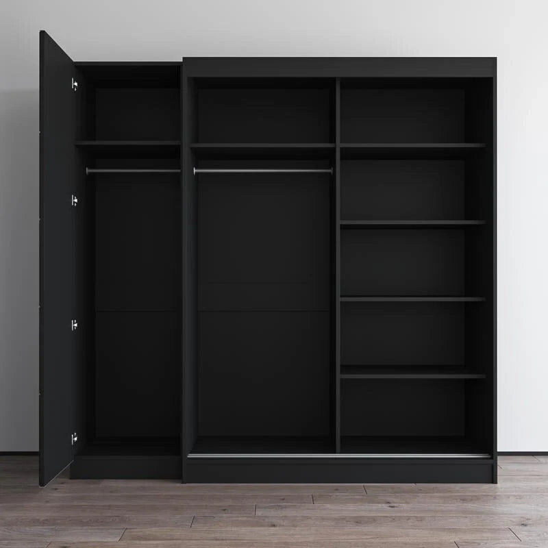 Kleiderschrank mit 2 Türen und Spiegel, Glasfront, für 2 Personen (Grau / Schwarz / Weiß)